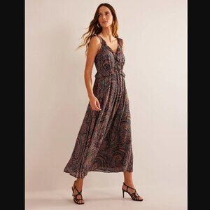 Boden Tie-Back Navy Paisley Print Ruffled Maxi Dress Petite 6P NWT